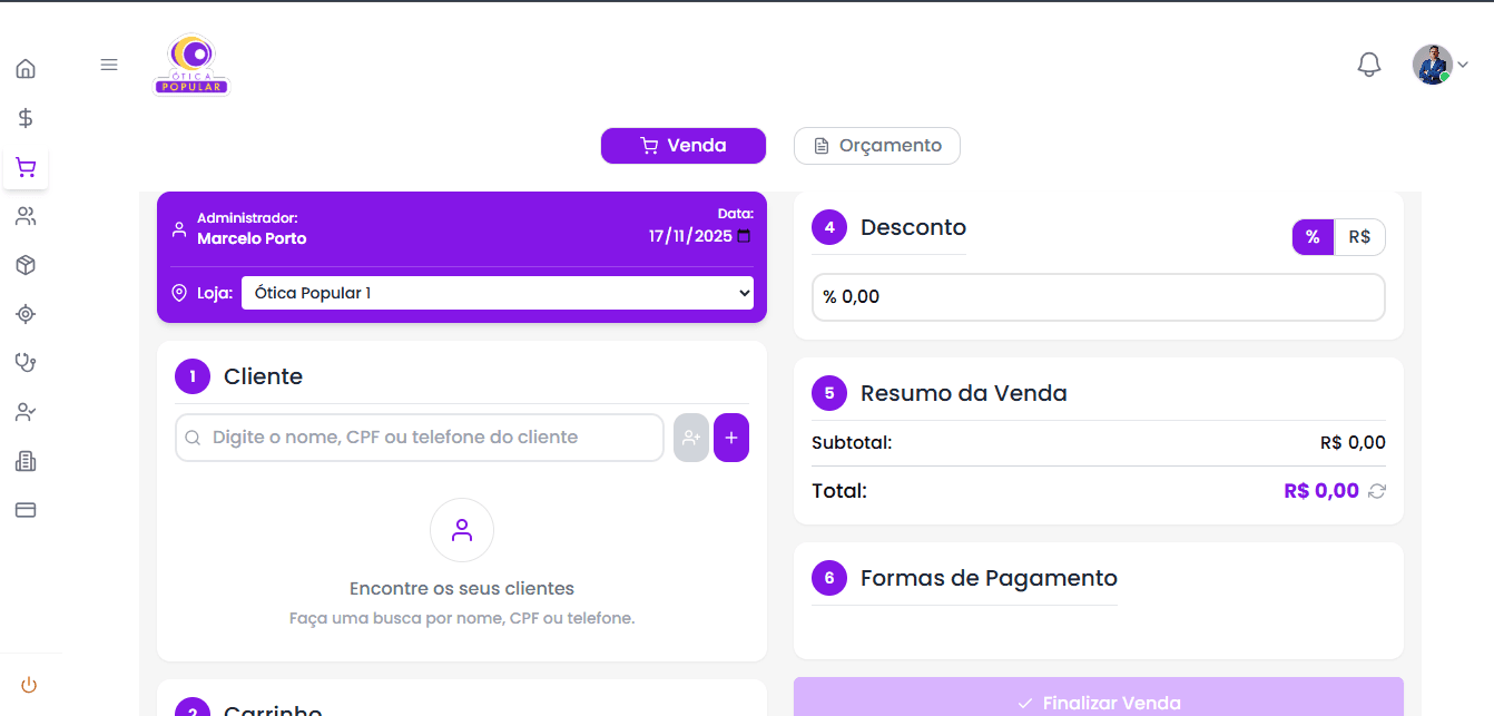 Exemplo do ERP masi One em uso nas Óticas